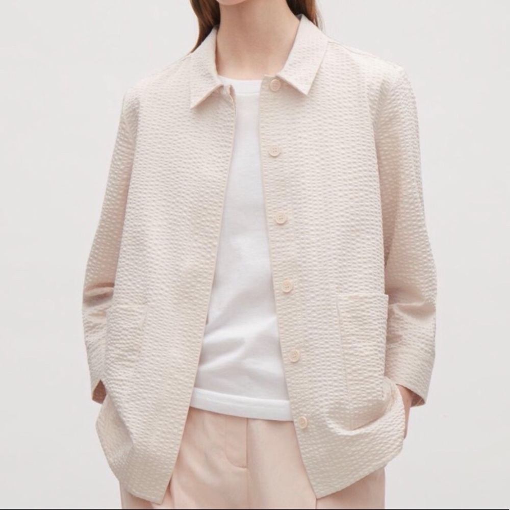 COS Seersucker Cotton A-Line Button Down 3/4 Sleeve Shirt Top